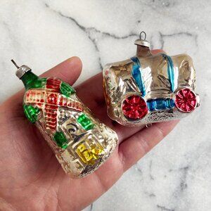 Vintage Windmill and Wagon Glass Chrismas Ornaments Set of 2 Pair Silvered